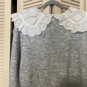 Gray and White Crew Neck Sweater with Lace Collar